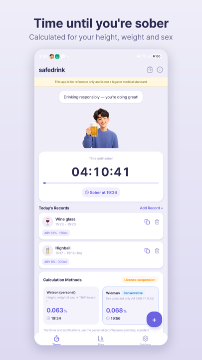 Timer screen showing the estimated sober time and the time remaining