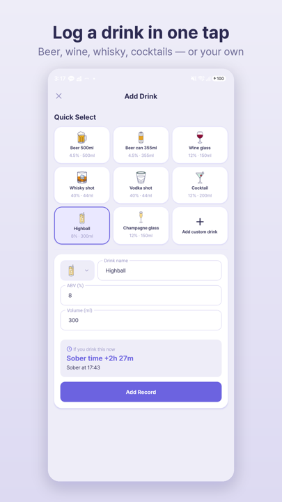 Add drink screen with one-tap drink presets