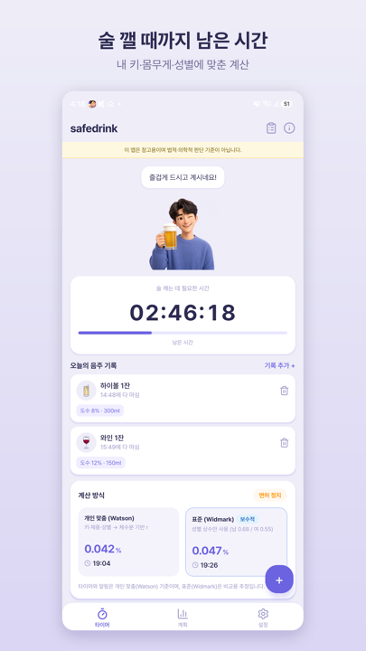 술 깨는 예상 시각과 남은 시간을 보여주는 타이머 화면