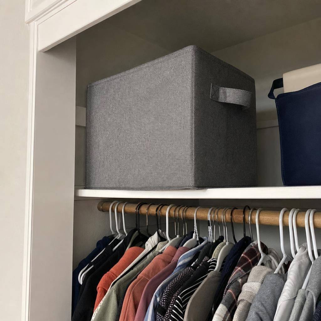 A grey storage bin on the top shelf of a bedroom closet